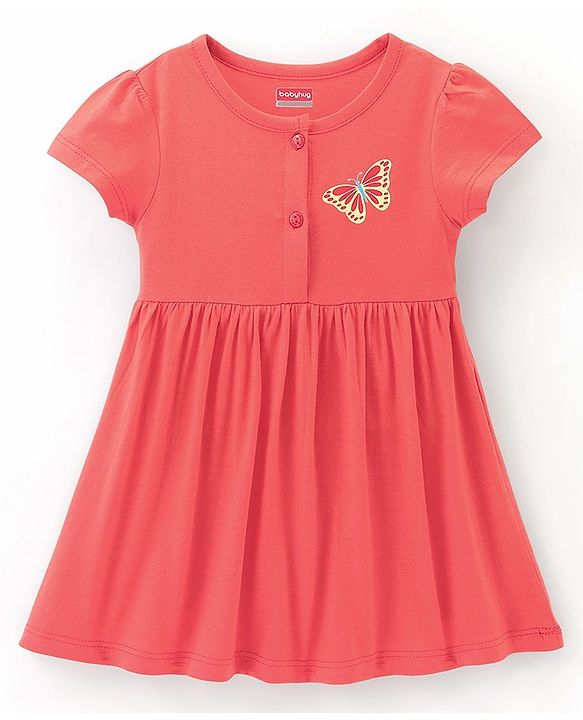 Babyhug 100% Cotton Knit Half Sleeves Butterfly Print Dress Pack of 2 - Red & Blue