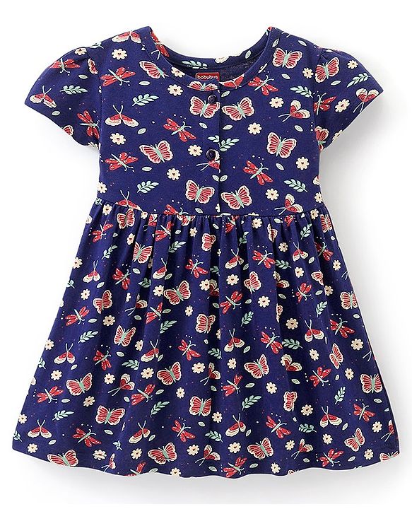 Babyhug 100% Cotton Knit Half Sleeves Butterfly Print Dress Pack of 2 - Red & Blue