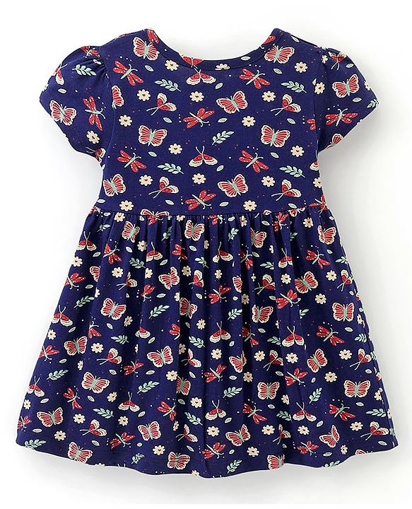 Babyhug 100% Cotton Knit Half Sleeves Butterfly Print Dress Pack of 2 - Red & Blue