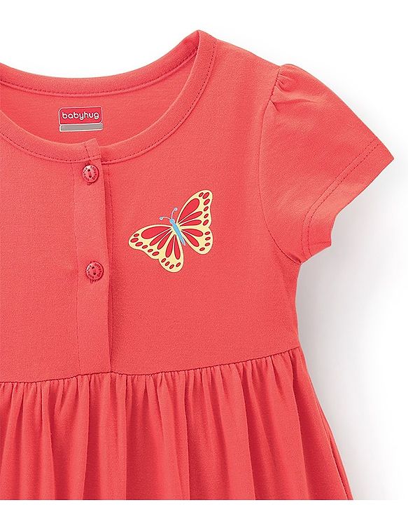 Babyhug 100% Cotton Knit Half Sleeves Butterfly Print Dress Pack of 2 - Red & Blue