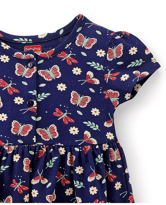 Babyhug 100% Cotton Knit Half Sleeves Butterfly Print Dress Pack of 2 - Red & Blue