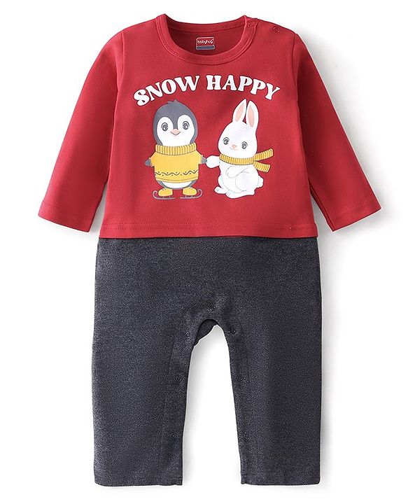 Babyhug Cotton Interlock Knit Full Sleeves Rompers Bunny Print - Red