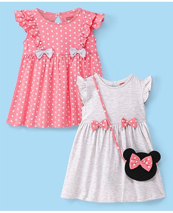 Babyhug Cotton Knit Half Sleeves Frocks Polka Dots Printed with Bow Applique Pack of 2 with Bag - Pink & Grey