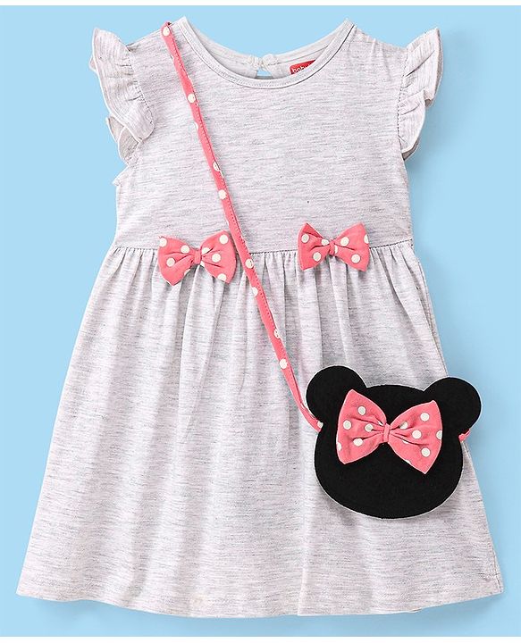 Babyhug Cotton Knit Half Sleeves Frocks Polka Dots Printed with Bow Applique Pack of 2 with Bag - Pink & Grey