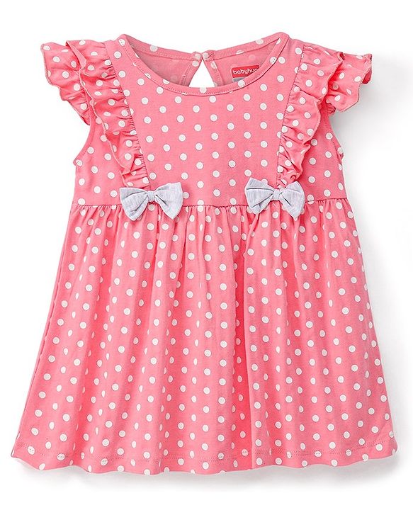 Babyhug Cotton Knit Half Sleeves Frocks Polka Dots Printed with Bow Applique Pack of 2 with Bag - Pink & Grey