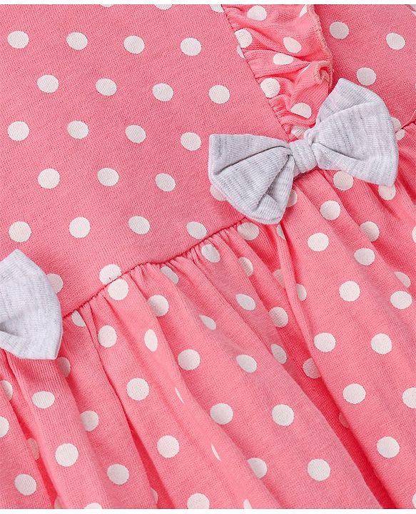 Babyhug Cotton Knit Half Sleeves Frocks Polka Dots Printed with Bow Applique Pack of 2 with Bag - Pink & Grey