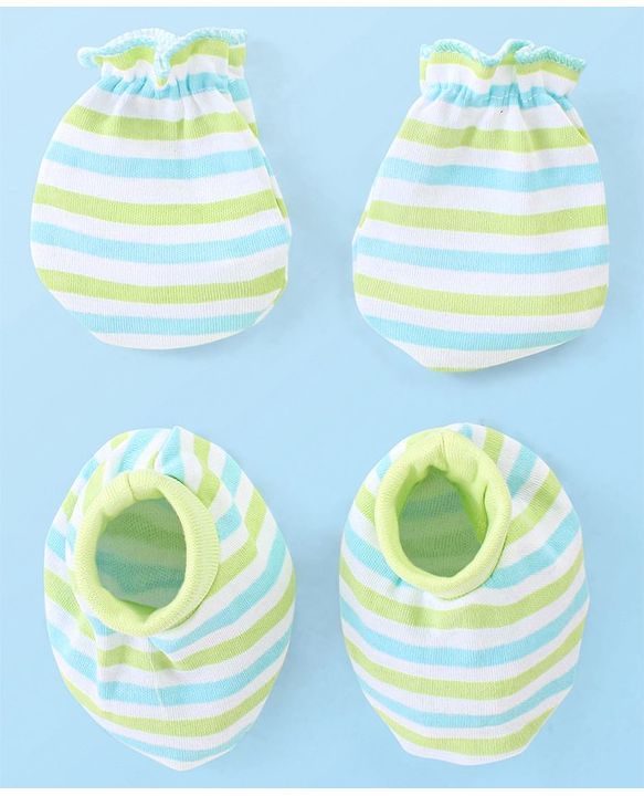 Babyhug 100% Cotton Knit Stripes Mittens and Booties   - Green