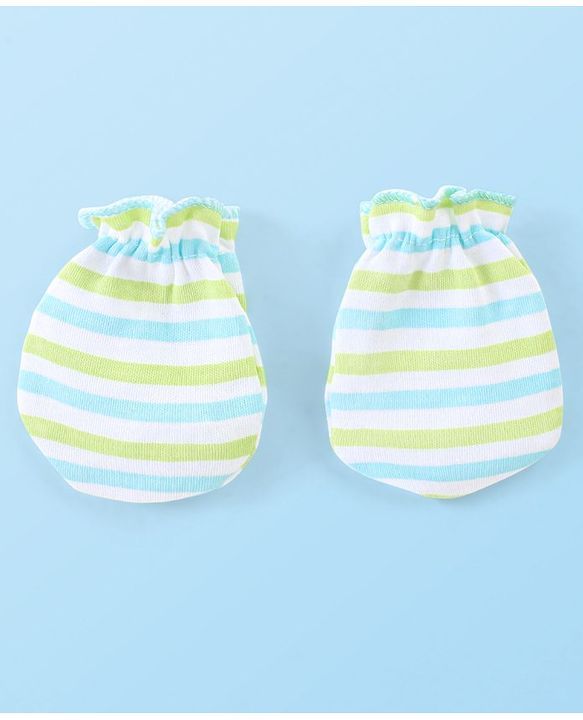 Babyhug 100% Cotton Knit Stripes Mittens and Booties   - Green