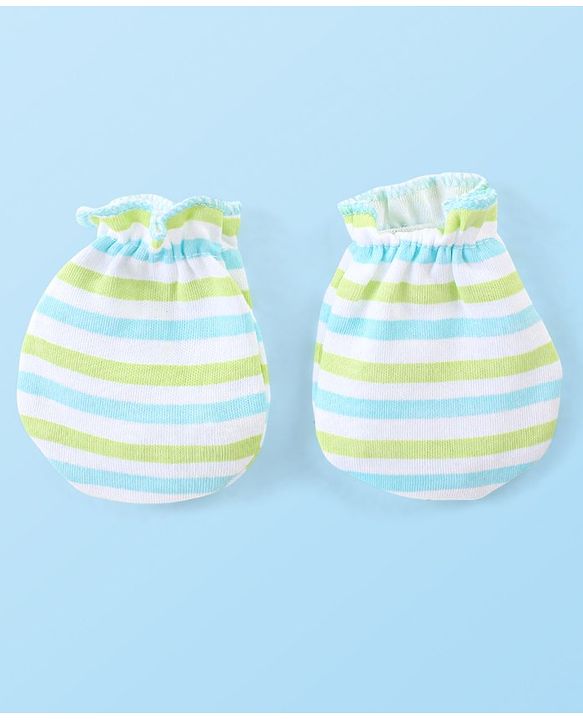 Babyhug 100% Cotton Knit Stripes Mittens and Booties   - Green