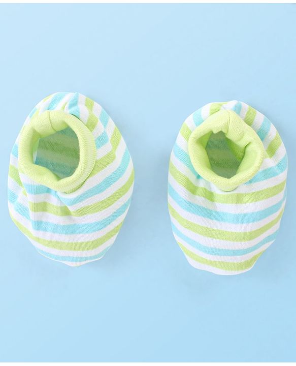 Babyhug 100% Cotton Knit Stripes Mittens and Booties   - Green
