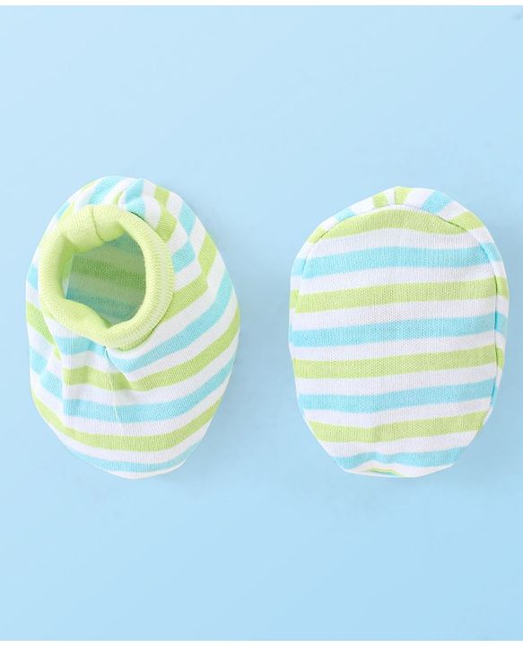 Babyhug 100% Cotton Knit Stripes Mittens and Booties   - Green