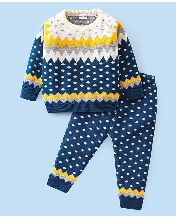 Babyhug Knitted Full Sleeves Wave Design Sweater Set -Navy Blue & Yellow