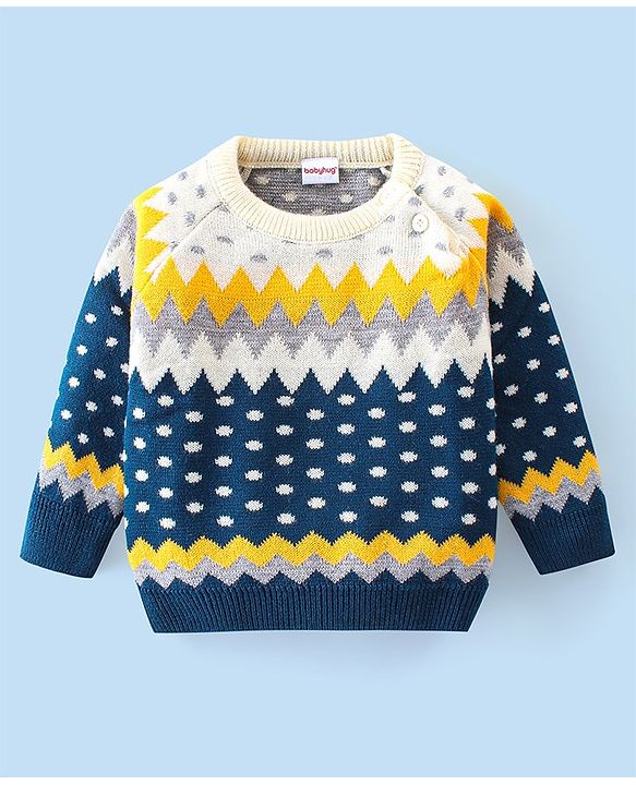 Babyhug Knitted Full Sleeves Wave Design Sweater Set -Navy Blue & Yellow