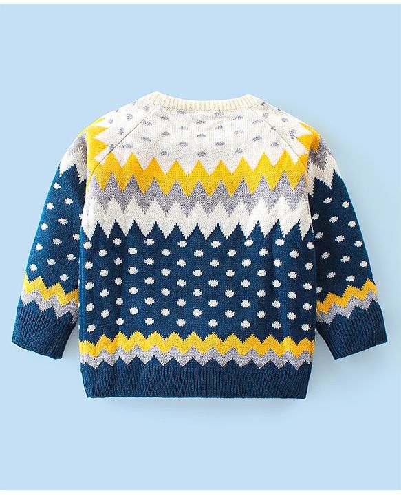 Babyhug Knitted Full Sleeves Wave Design Sweater Set -Navy Blue & Yellow