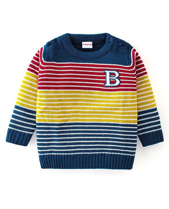 Babyhug Knitted Full Sleeves Sweater Set Striped Design - Navy Blue
