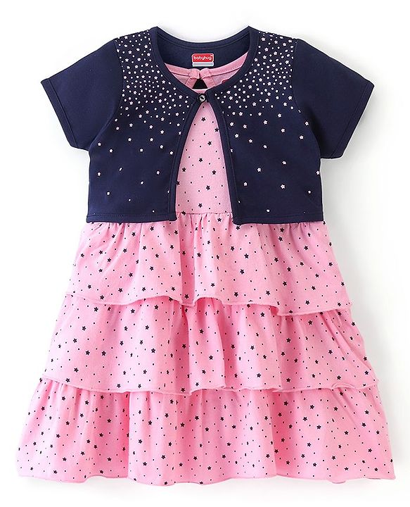 Babyhug 100% Cotton Knit Half Sleeves Shrug & Frock With Star Print - Pink & Blue
