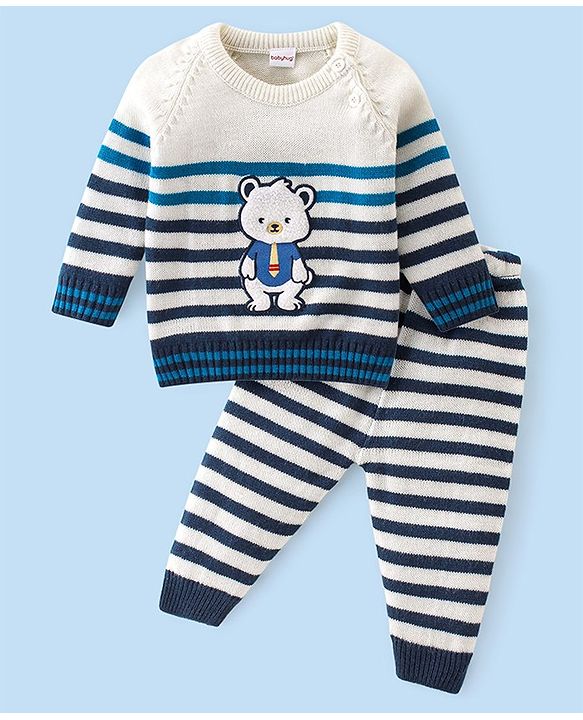 Babyhug Knit Full Sleeves Striped Baby Sweater Set with Bear Design - Multicolor