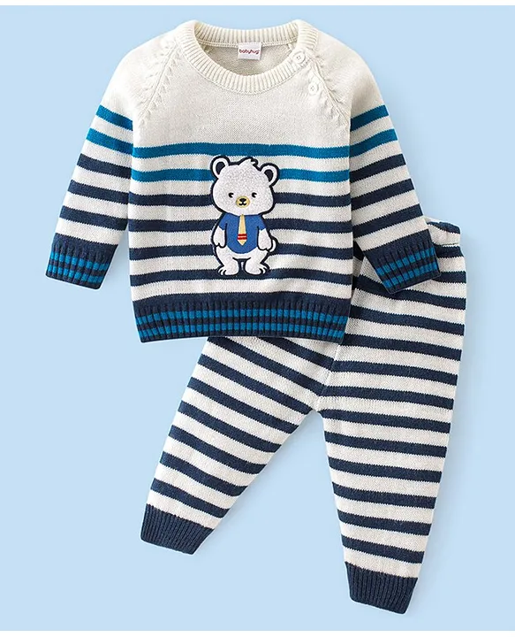 Babyhug Knit Full Sleeves Striped Baby Sweater Set with Bear Design Multicolor