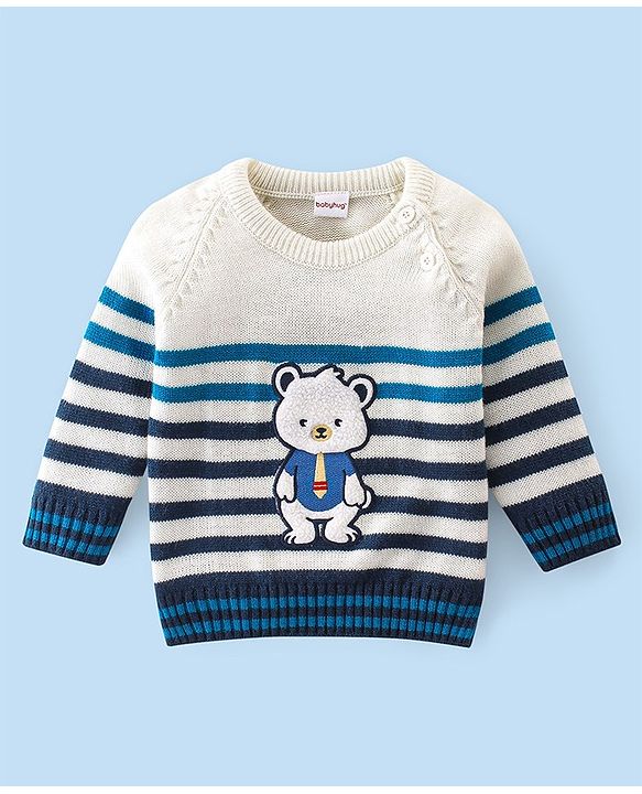Babyhug Knit Full Sleeves Striped Baby Sweater Set with Bear Design - Multicolor