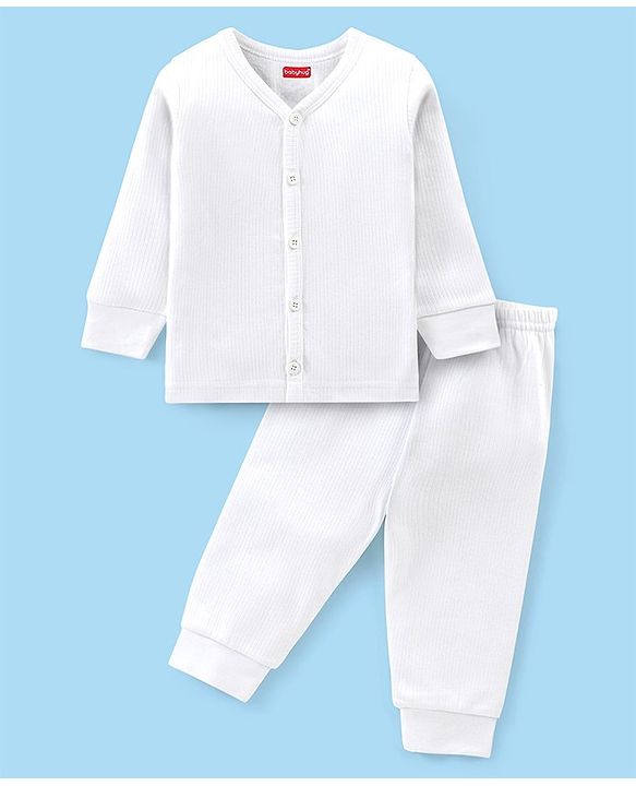 Babyhug Full Sleeves Solid Thermal Vest & Pant Set - Off White
