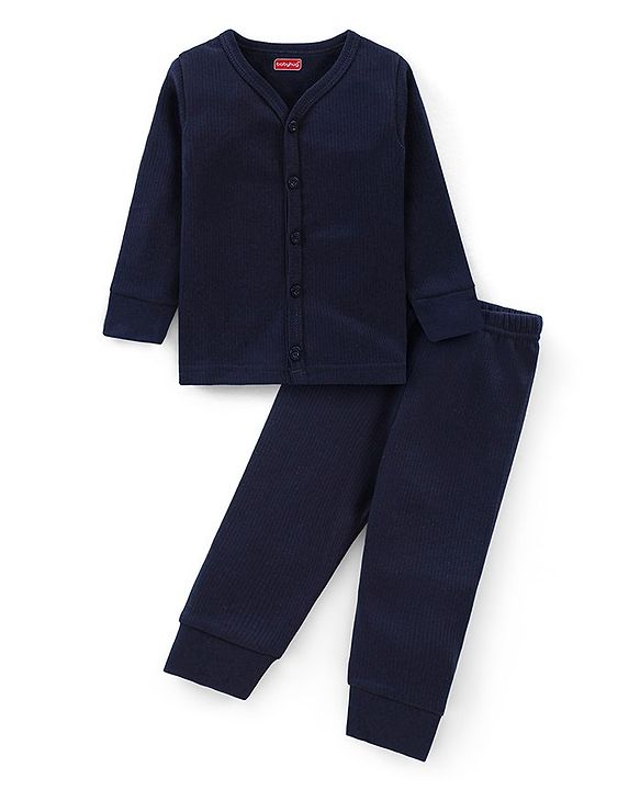 Babyhug Full Sleeves Solid Thermal Vest & Pant Set - Navy Blue