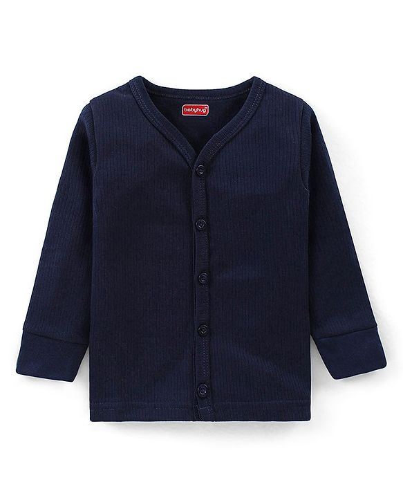 Babyhug Full Sleeves Solid Thermal Vest & Pant Set - Navy Blue