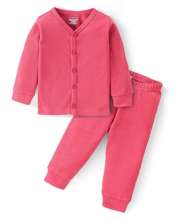 Babyhug Cotton Full Sleeves Front Open Thermal Vest And Leggings- Coral