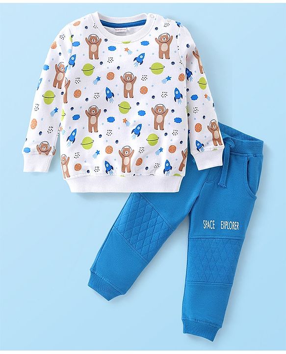Babyhug Full Sleeves T-Shirt and Pants Set Bear Print - White & Blue