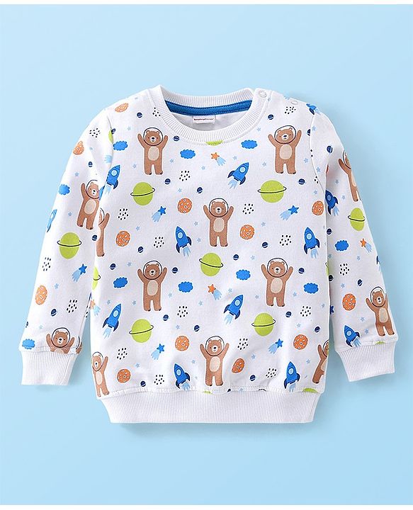Babyhug Full Sleeves T-Shirt and Pants Set Bear Print - White & Blue