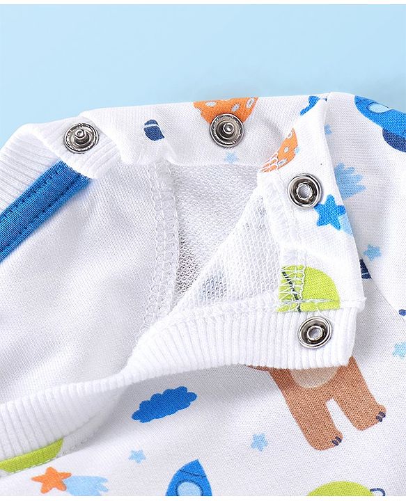 Babyhug Full Sleeves T-Shirt and Pants Set Bear Print - White & Blue