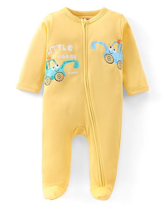 Babyhug Cotton Interlock Full Sleeves Footed Sleepsuit Crane Print - Yellow