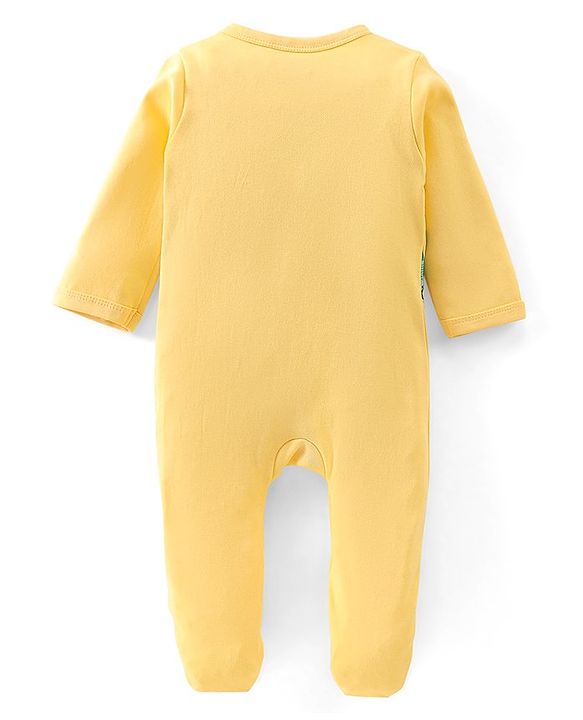 Babyhug Cotton Interlock Full Sleeves Footed Sleepsuit Crane Print - Yellow
