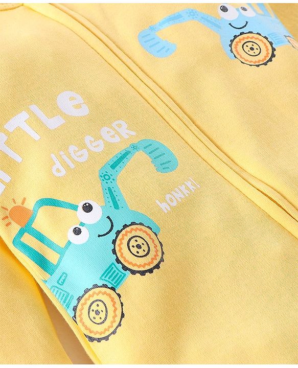 Babyhug Cotton Interlock Full Sleeves Footed Sleepsuit Crane Print - Yellow
