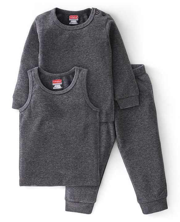 Babyhug Full Sleeves Solid Thermal Vest Sando & Pajama Set - Dark Grey