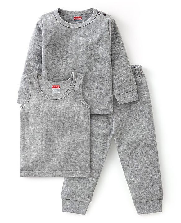 Babyhug Cotton Full Sleeves Solid Color Vest Pullover & Bottom Thermal Wear Combo Pack Of 3 - Light Grey