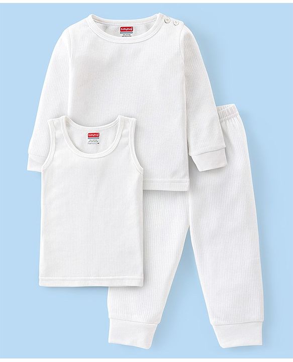 Babyhug Cotton Full Sleeves Solid Color Vest Pullover & Bottom Thermal Wear Combo Pack Of 3 - Off White