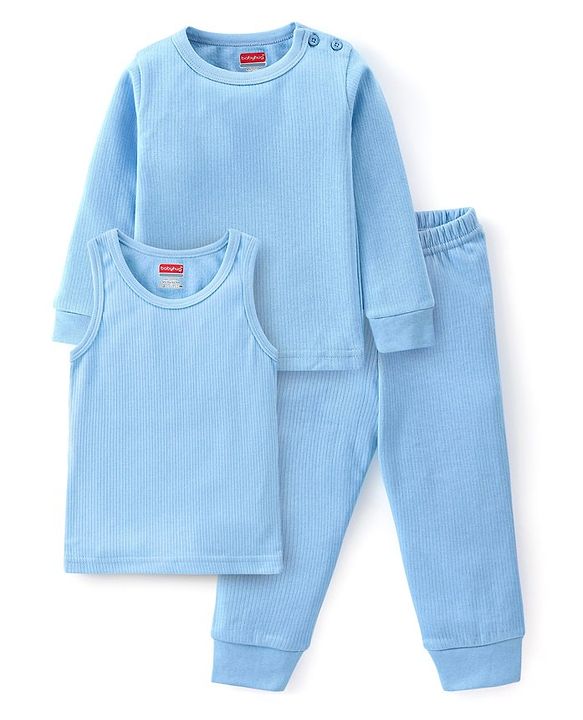 Babyhug Cotton Full Sleeves Solid Color Vest Pullover & Bottom Thermal Wear Combo Pack Of 3 - Blue