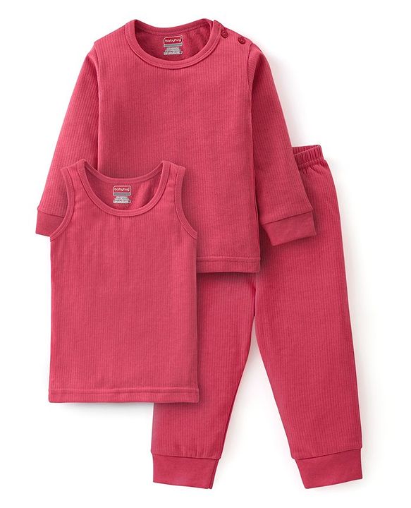 Babyhug Cotton Full Sleeves Pullover Vest & Pant Solid Color Thermal Wear  - Coral