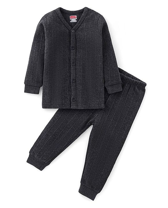 Babyhug Cotton Full Sleeves Front Open Thermal Vest And Leggings- Dark Grey