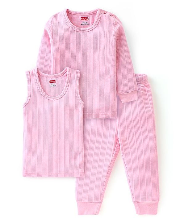 Babyhug Cotton Full Sleeves Solid Color Vest Pullover & Bottom Thermal Wear Combo Pack Of 3 -Pink