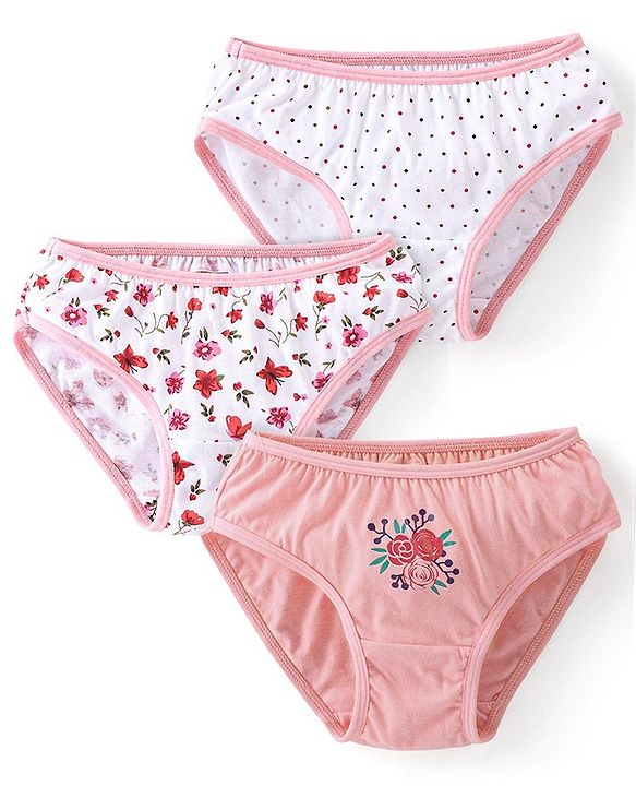Babyhug 100% Cotton Knit Floral Printed Panties Pack of 3 - Pink & White