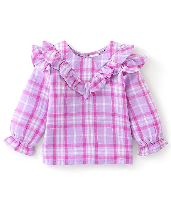 Babyhug 100% Cotton Woven Lurex Full Sleeves Checks with Frill Detailing Top - Lilac