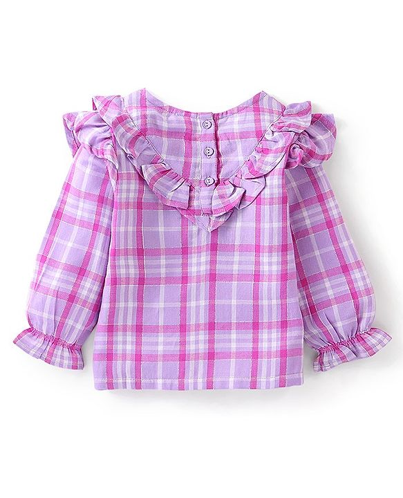 Babyhug 100% Cotton Woven Lurex Full Sleeves Checks with Frill Detailing Top - Lilac