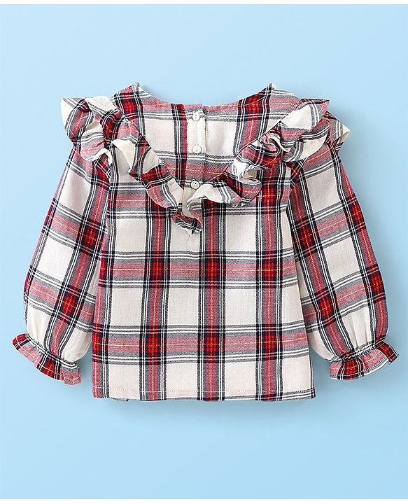 Babyhug 100% Cotton Woven Lurex Full Sleeves Checks with Frill Detailing Top - Offwhite & Red