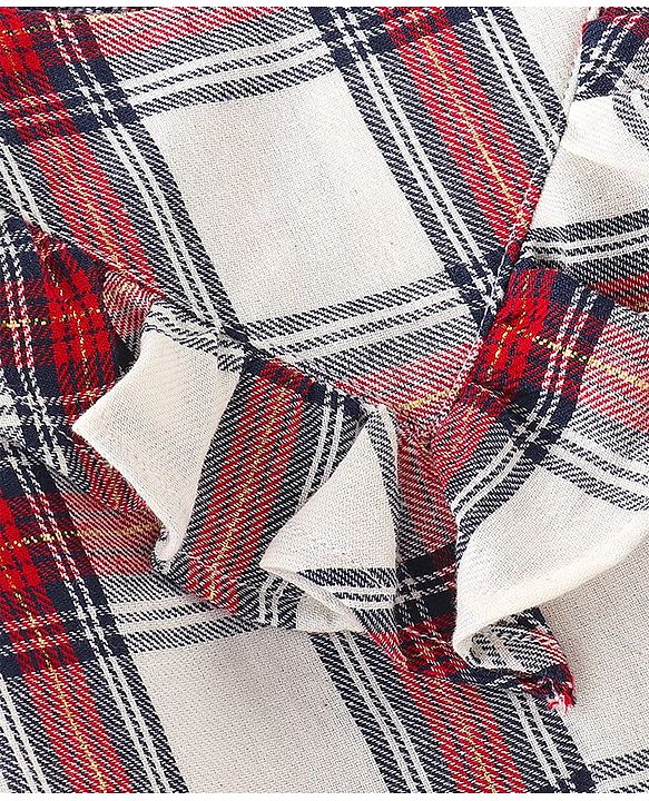 Babyhug 100% Cotton Woven Lurex Full Sleeves Checks with Frill Detailing Top - Offwhite & Red