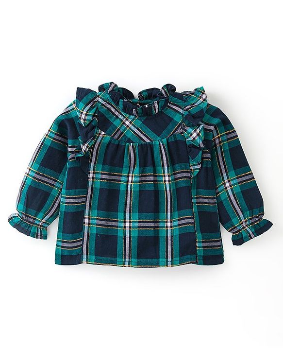 Babyhug 100% Cotton Full Sleeves Checks Top with Frill Detailing - Green & Black