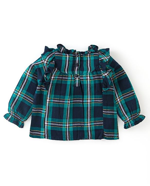 Babyhug 100% Cotton Full Sleeves Checks Top with Frill Detailing - Green & Black