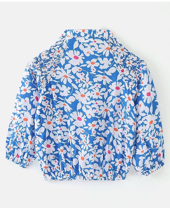 Babyhug Rayon Woven Full Sleeves Gathered Top With Floral Print - White & Blue