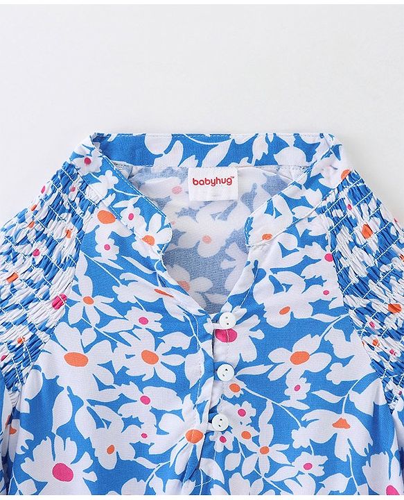 Babyhug Rayon Woven Full Sleeves Gathered Top With Floral Print - White & Blue