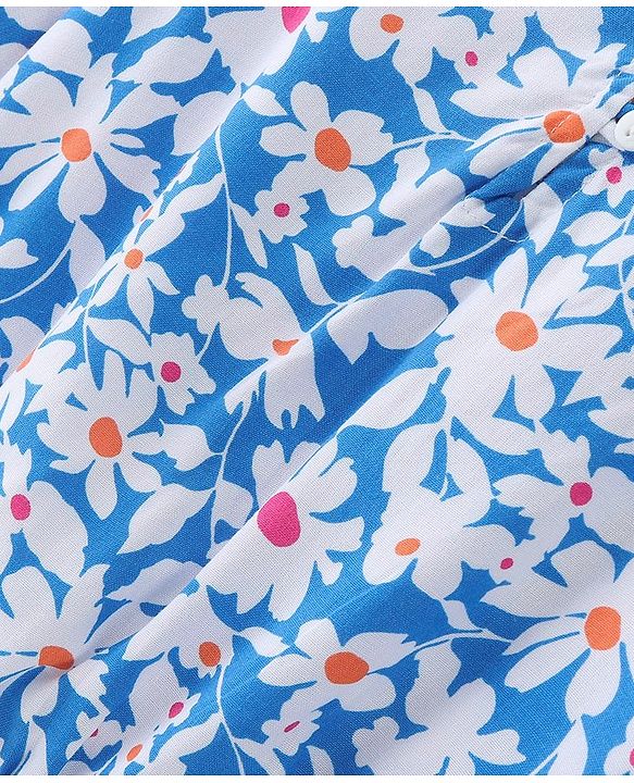 Babyhug Rayon Woven Full Sleeves Gathered Top With Floral Print - White & Blue